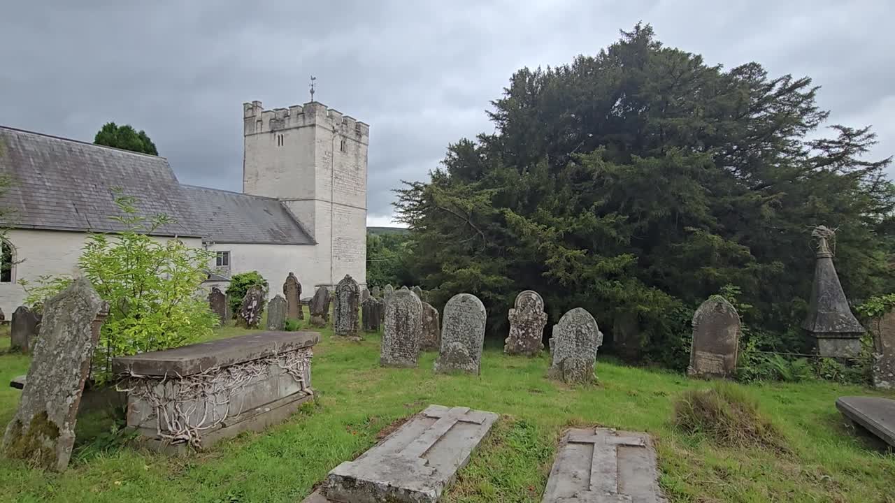 Ancient yew tree (Taxus baccata) in St. Cynog churchyard, Defynnog, near Sennybridge, Brecon, Wales, UK. Estimated 3000 years old, 11m girth. Slow pan from church to tree
