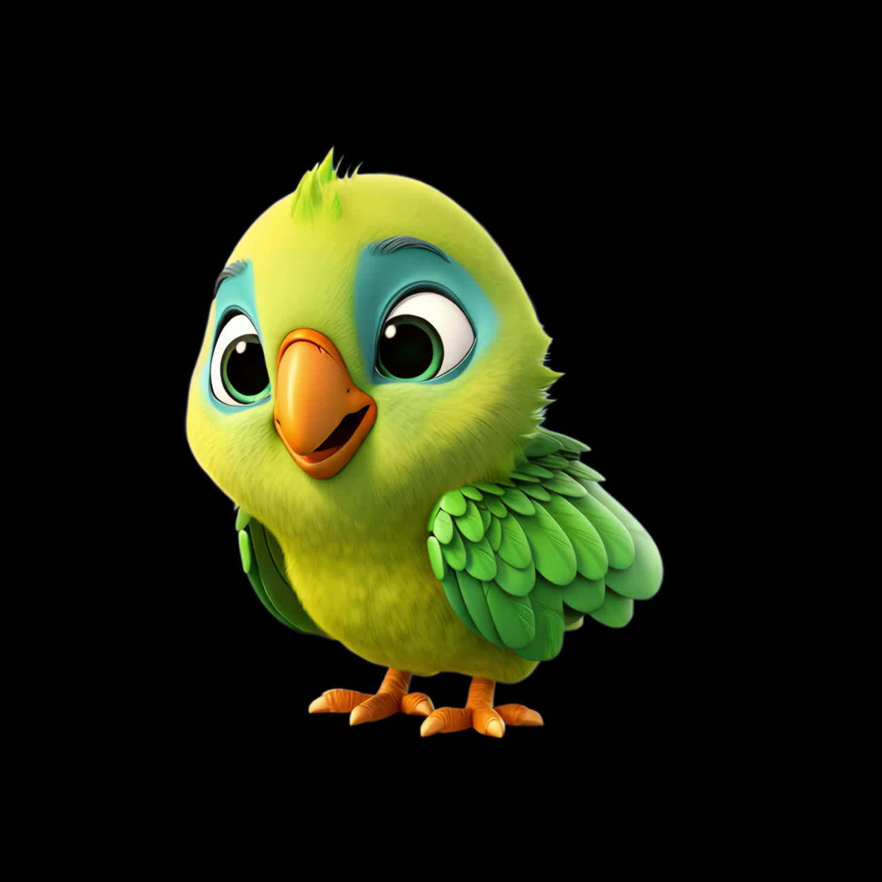 Green baby parrot cartoon animation isolated asset, transparent 4K video, alpha channel, ProRes 4444