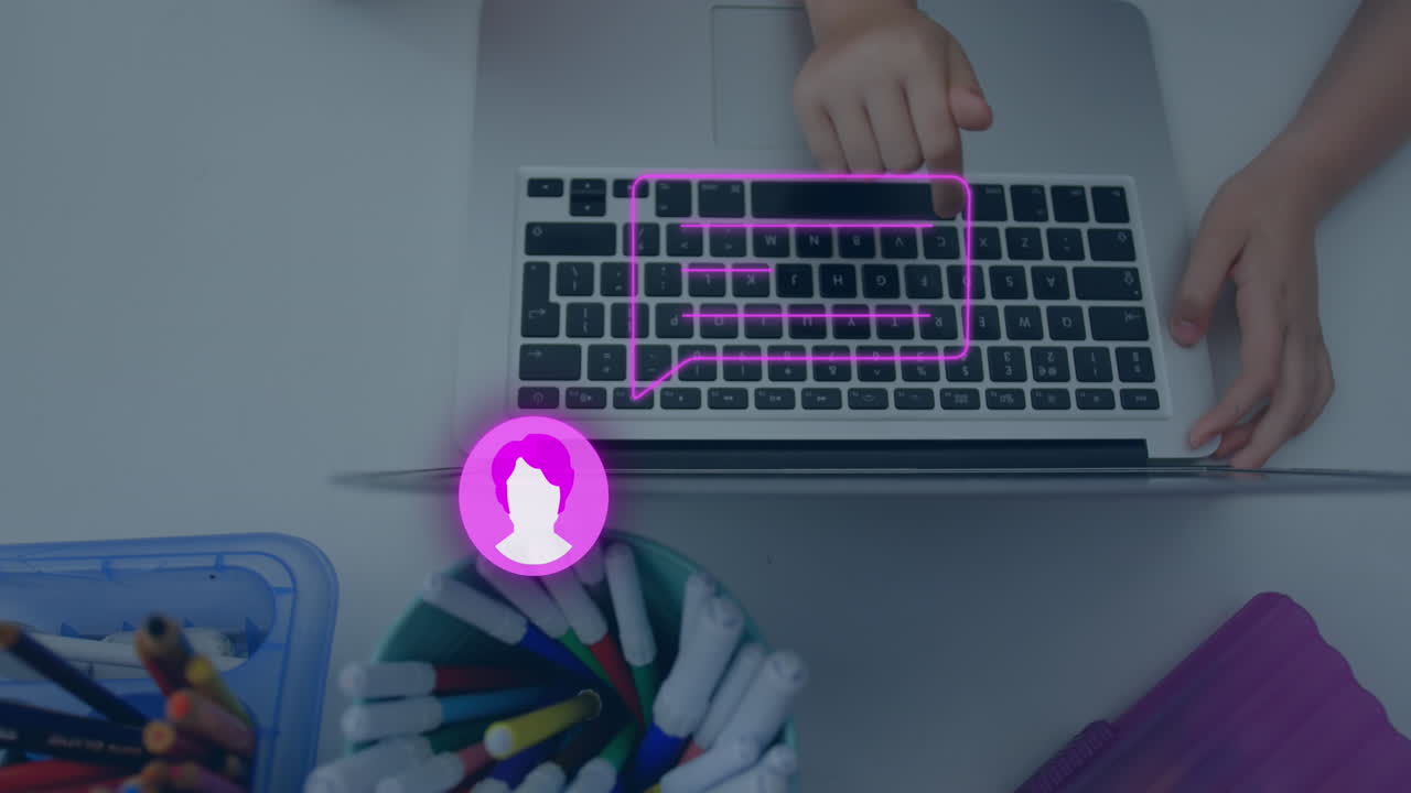 Animation of social media icons and data processing over woman using laptop