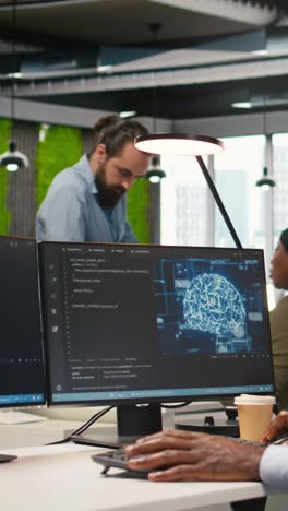 Vertical video Software developer writing code on PC, developing deep learning APIs