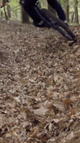 Close-Up-Vertical-Video-Of-Man-On-Mountain-Bike-Cycling-Along-Dirt-Trail-Through-Woodland-4