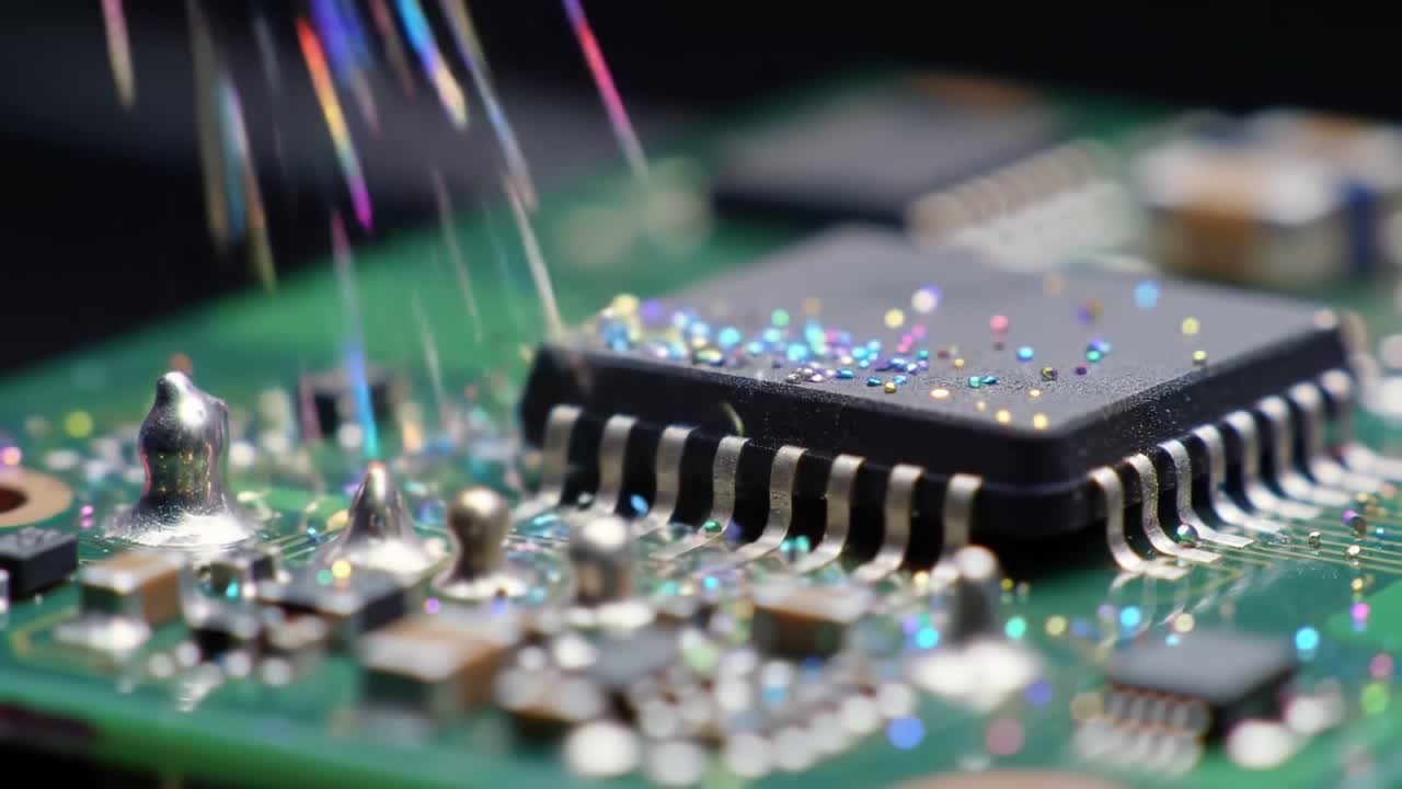 An Intricate Overview of a Microchip Undergoing a Stunning Transformation with Colorful Sparks, Illustrating the Advanced Technology in Circuit Board Engineering