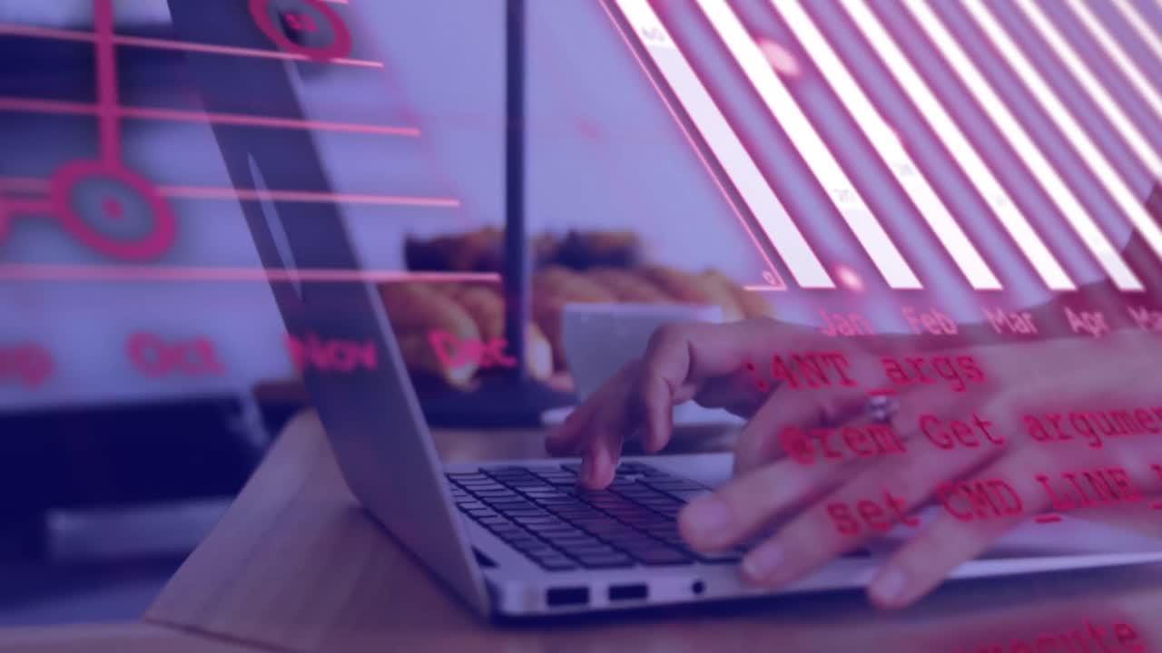 animación del globo, gráficos, lenguaje informático, sección media de una mujer caucásica escribiendo en una computadora portátil