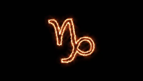 zodiac signs capricorn on fire. animation on a black background letters 4k video is burning in a flame.