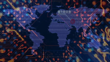mapa del mundo digital con animación de placa de circuito y círculo rojo resaltando la región