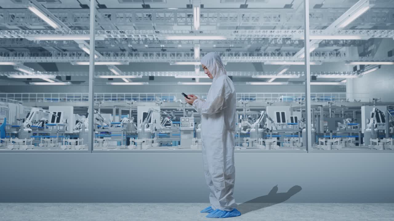 vista lateral del cuerpo completo de un científico masculino asiático usando un teléfono inteligente mientras está de pie en una fábrica de laboratorio moderna con robots automatizados