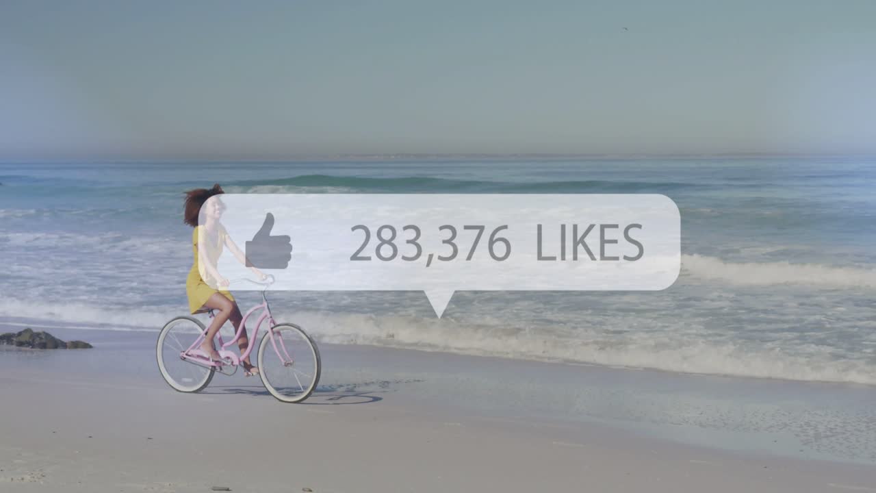 Woman pedaling pink bike shore, social likes bubble sliding in and covering her, raising counts