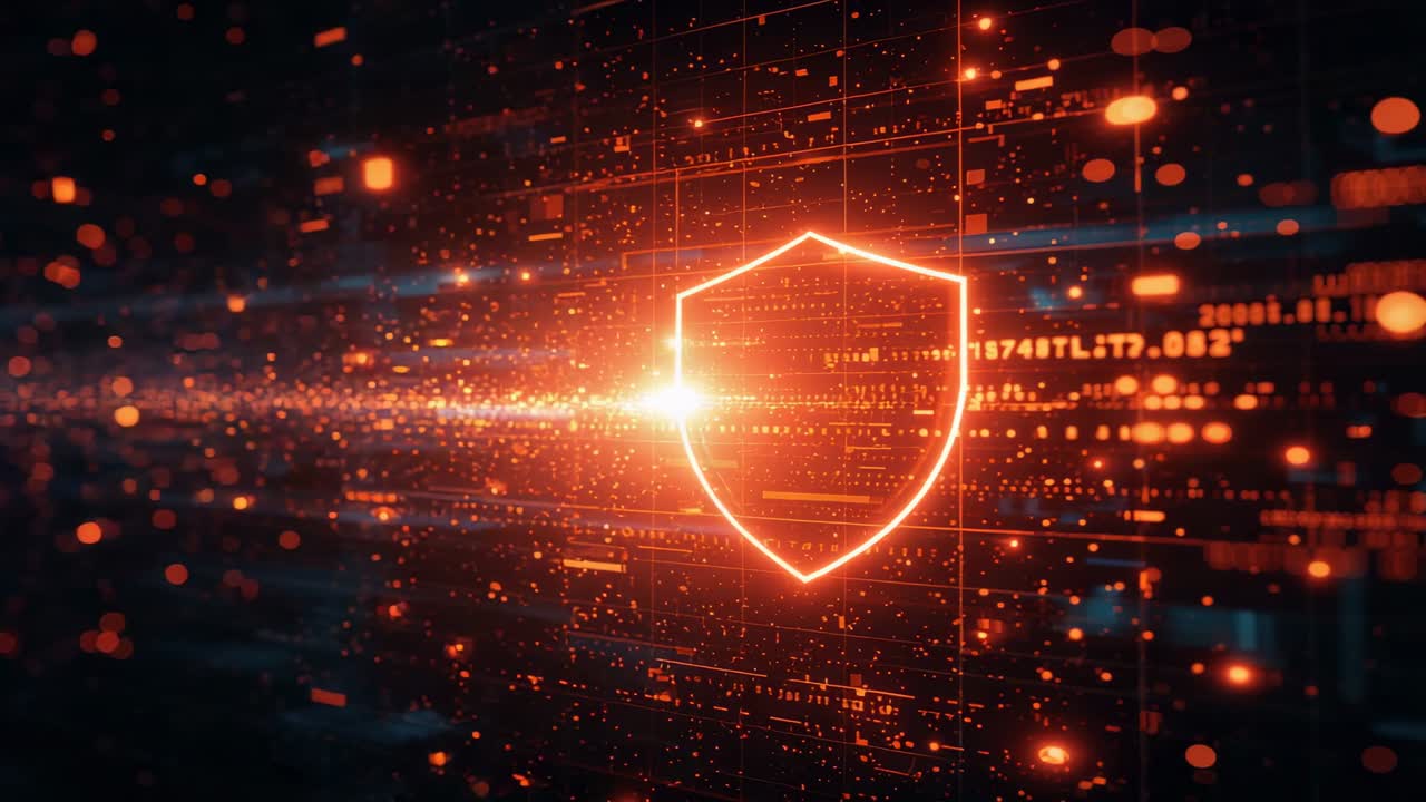 Brightening neon-orange shield reacting to horizontal beam at cyber panel, activating protection