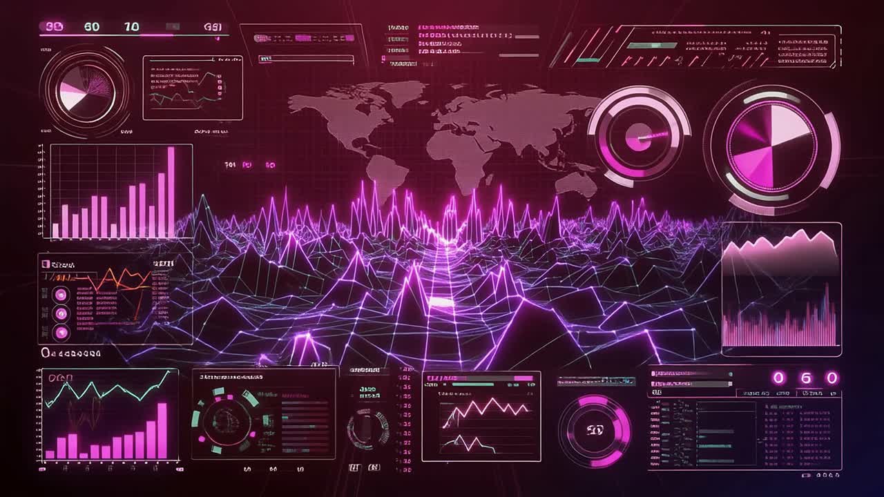 Futuristic Digital Interface with Data Visualization and World Map