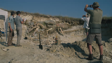 paleontologists excavate a dinosaur skeleton at a dig site