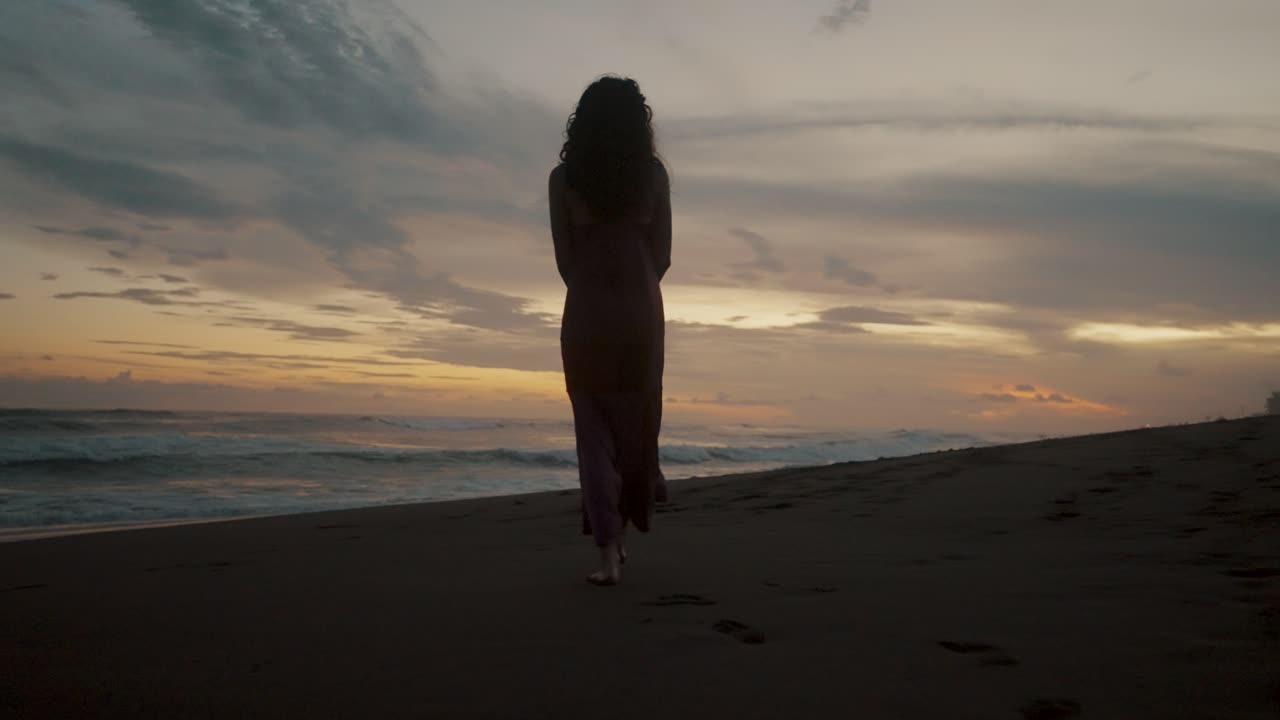 Vista da dietro di una donna solitaria che cammina sulla battigia sabbiosa