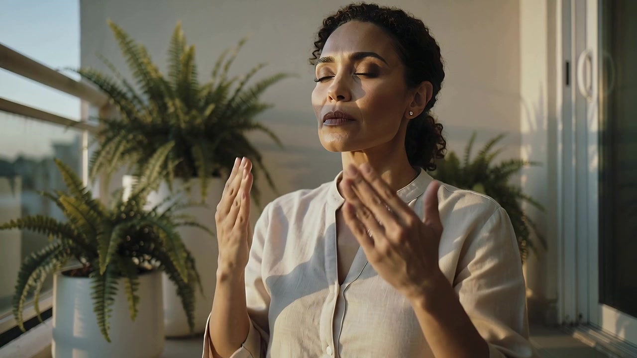 Portando le mani al viso, donna che indossa una camicia leggera si massaggia le guance per rilassarsi sul balcone con felci