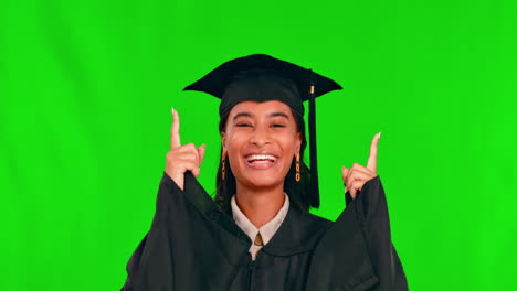 Face,-graduate-and-woman-pointing-up-on-green