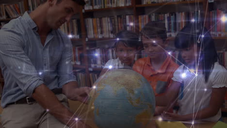 animation of networks of connections over diverse male teacher and schoolchildren reading globe