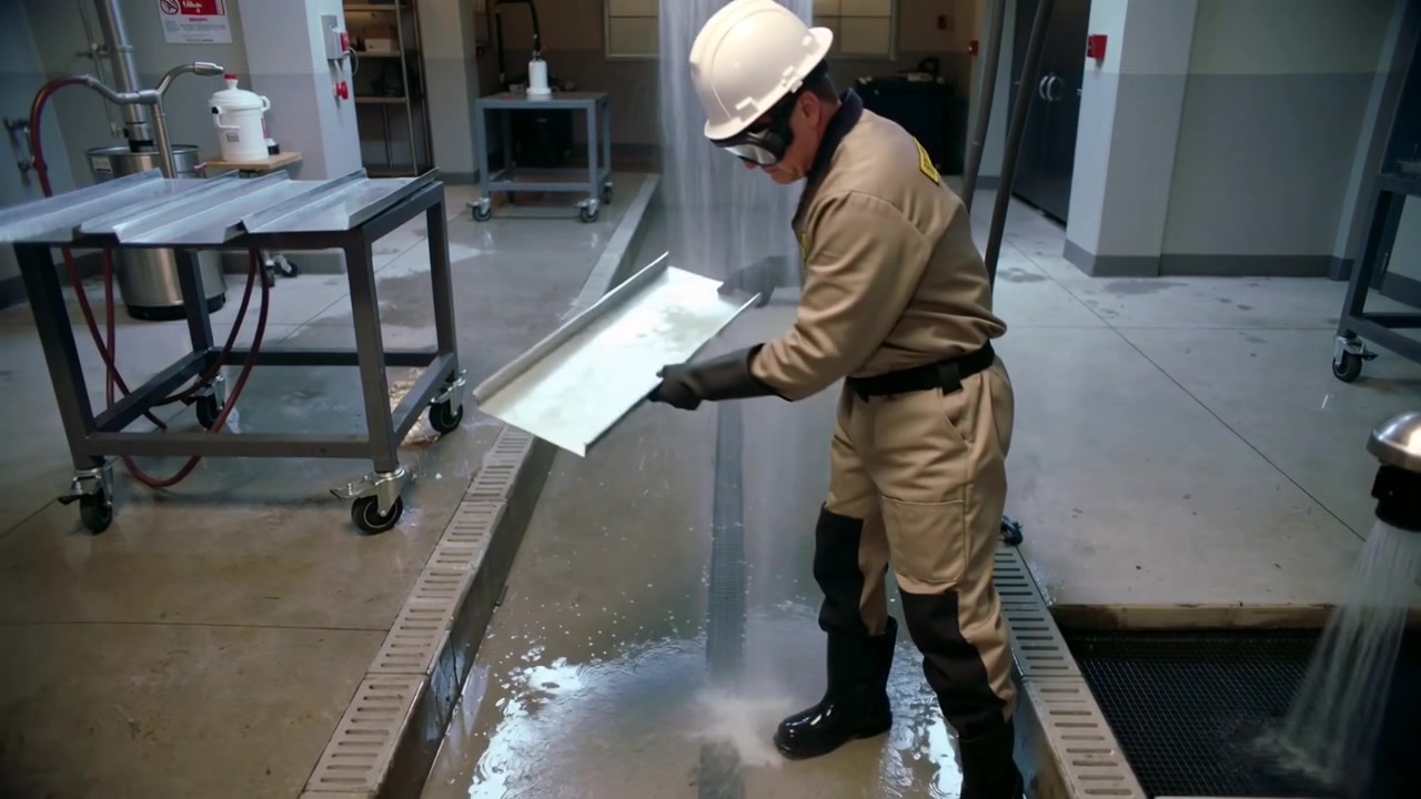 Reacting to nozzle spray, worker in PPE rinsing and checking metal panel at wash bay drain