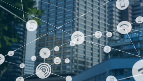 network of wireless communication icons animation over cityscape with tall buildings