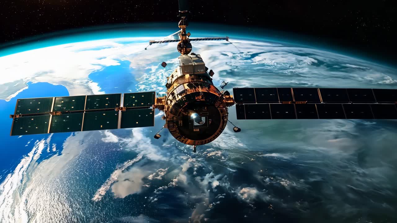 A satellite is flying through the sky above the Earth. The satellite is surrounded by clouds and he is in the middle of a storm