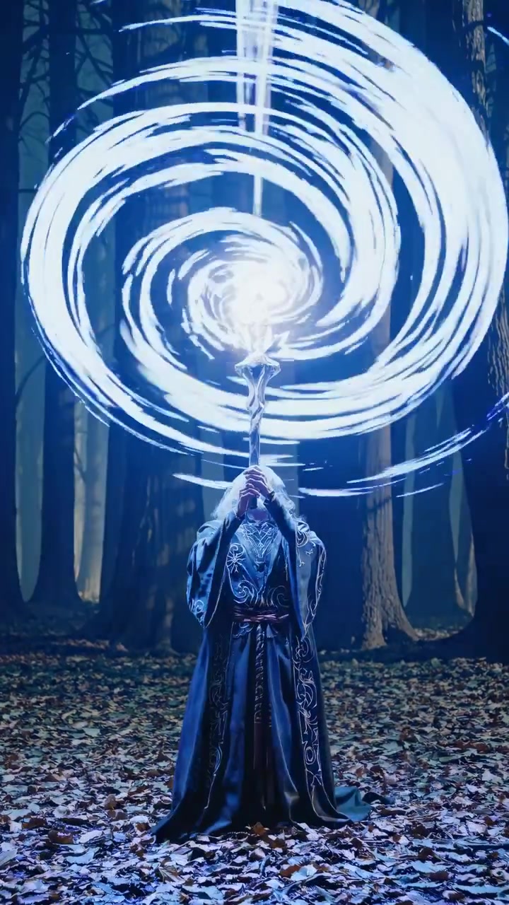 Mago che lancia un incantesimo magico blu con bastone luminoso nella foresta oscura