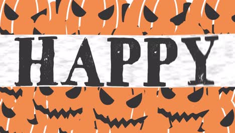 animation of happy halloween text and jack o lanterns on orange background