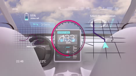 animación de números cambiantes en el velocímetro, flecha en el patrón del mapa y modelo del interior del vehículo.