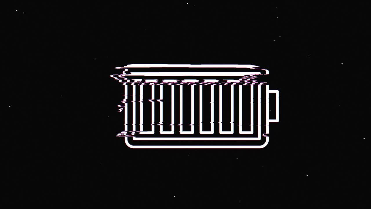 Simbolo olografico HUD di batteria a linea su schermo TV digitale vecchio, animazione glitch in loop continuo. Cuori. Dinamico, retrò e gioioso. Filmato video colorato e vintage