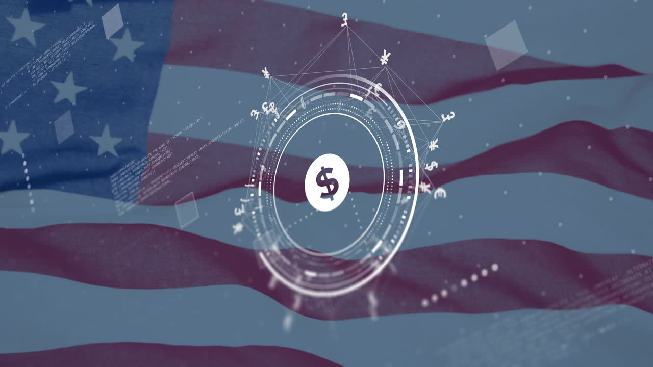 animación del símbolo del dólar y los datos sobre la bandera de los estados unidos