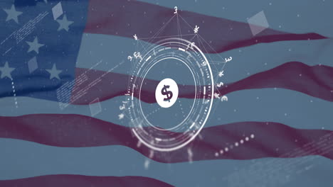 animation of dollar symbol and data over flag of usa