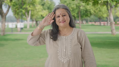 Happy-Indian-old-woman-saluting-in-park