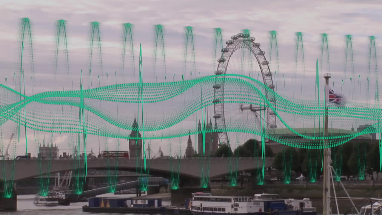 Green digital wave animation over cityscape with iconic Ferris wheel and river