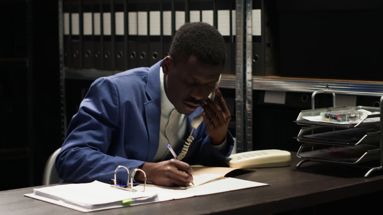 Man in Suit Talking on Phone at Office Desk