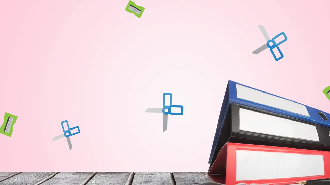 핑크색 배경에 나무 표면 위에 사무실 파일과 사무실 항목의 애니메이션