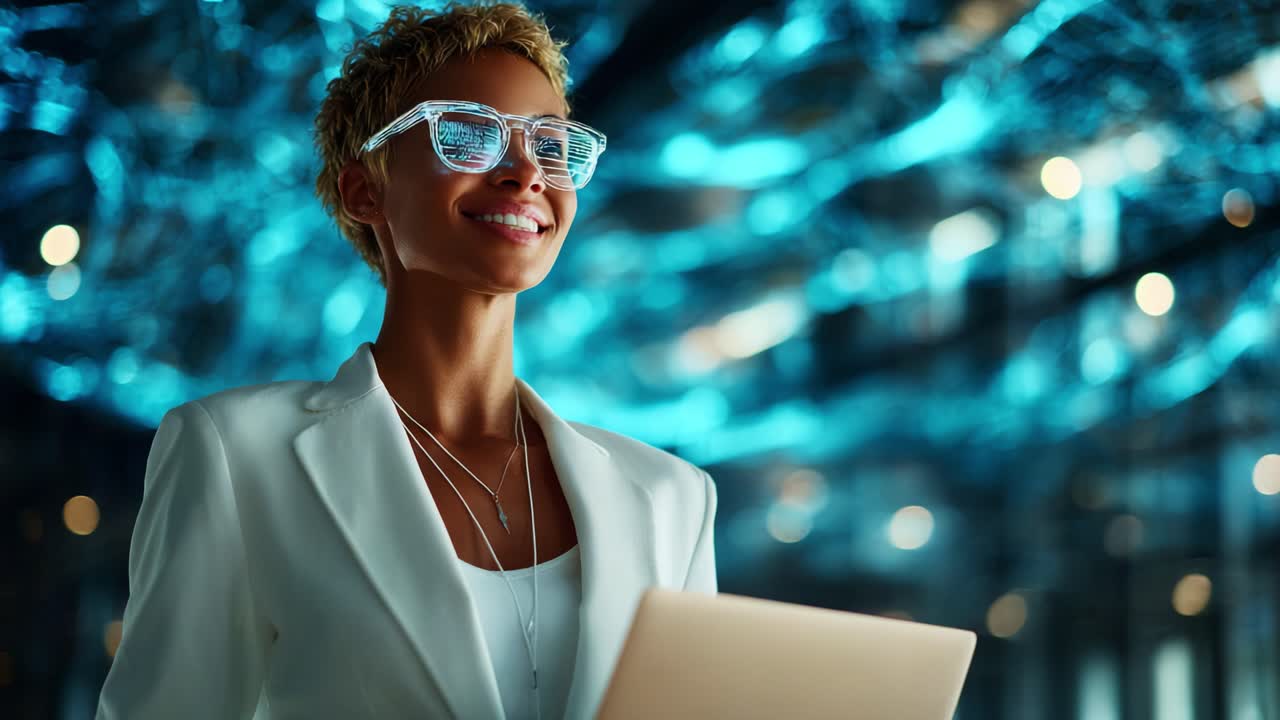 A Confident Professional Woman in Stylish Eyewear Holds a Laptop, Embracing Technology and Innovation Against a Futuristic Background with Dynamic Lighting