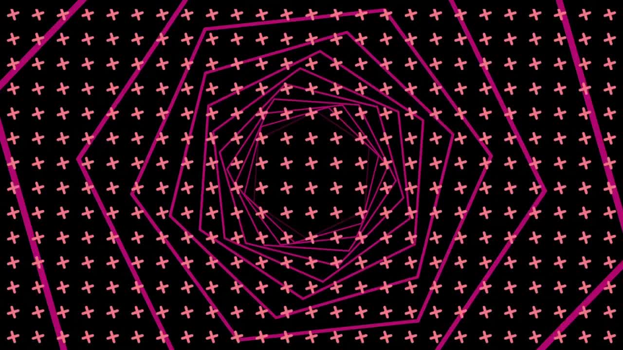 Animation of multiple rows of triangles and pink hexagons moving