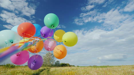 The-Wind-Plays-With-A-Group-Of-Balloons-Against-A-Beautiful-Green-Meadow