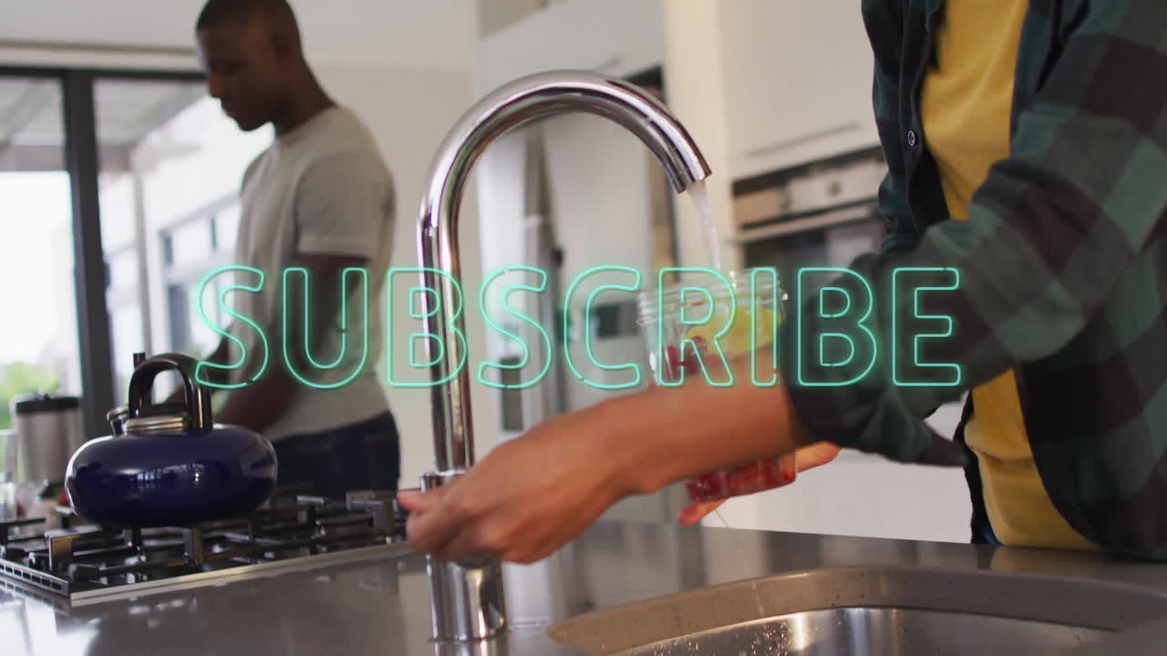 Washing fruit at kitchen sink, person preparing healthy snack with animation