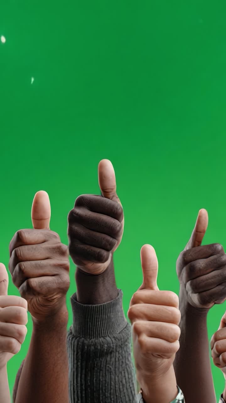 A Diverse Group Celebrating Positivity with Thumbs Up Gestures Against a Bright Green Background, Signifying Support and Unity in a Cheerful Display