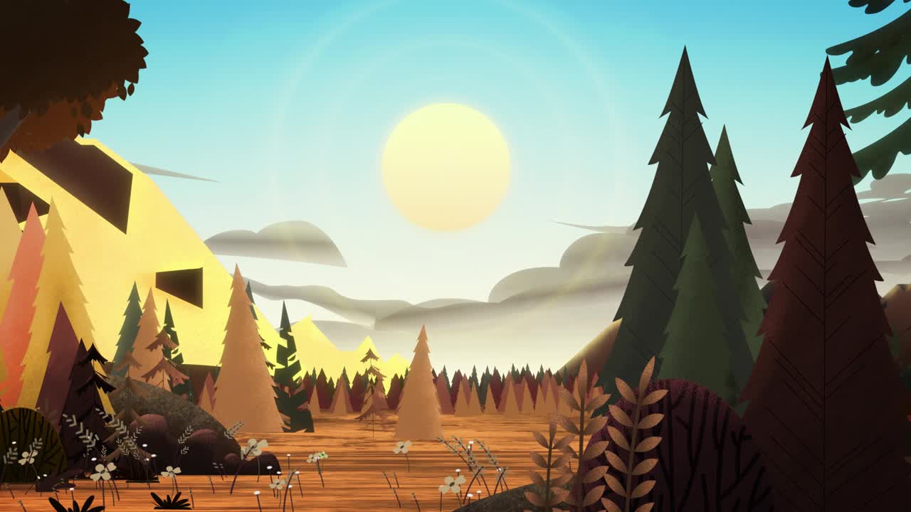 회색 구름에서, 아름다운 가을 나무 숲에서, 황록색 산맥의 전망을 가진 황록색 오렌지색 풍경.