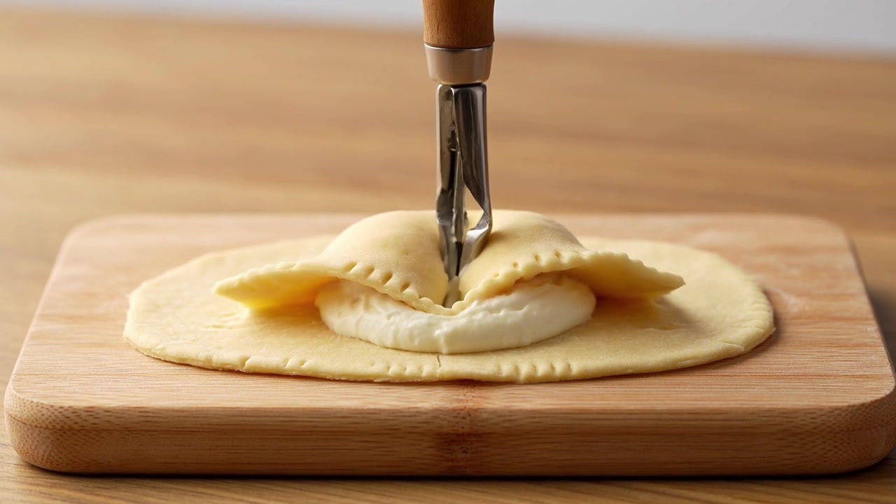 Menggunakan cetakan ravioli untuk menutup adonan pasta segar