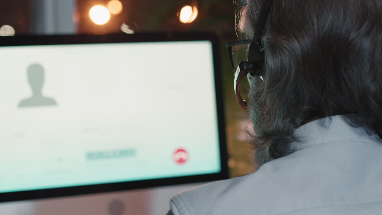 Person wearing a headset and glasses working on a computer