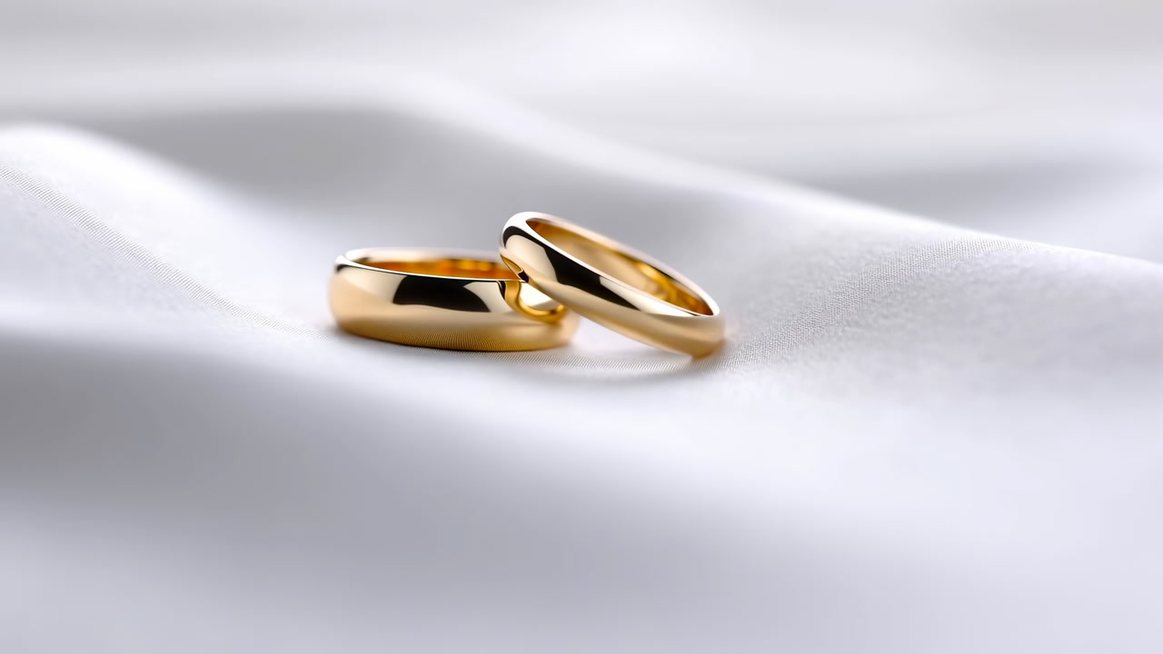 Gold Wedding Rings On Satin Fabric Closeup Showing Polished Bands Resting On Smooth White Folds, Soft Diffused