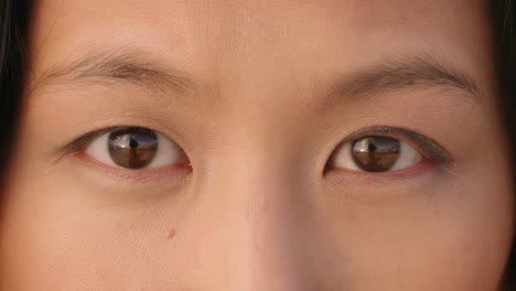 아름다운 아시아 여성의 가까운 거시적인 눈 건강한 시력 개념
