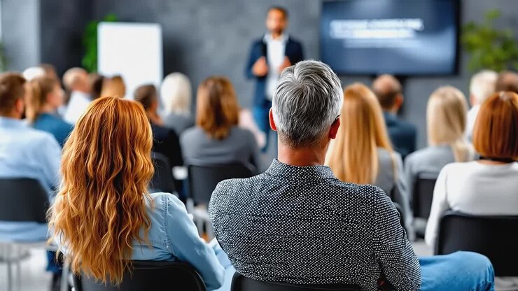 A group of people sitting in chairs watching a presentation
