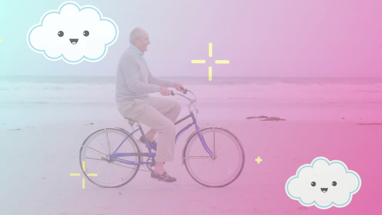 Senior man starting ride, pedaling blue bike along beach, clouds overlaying him for travel content
