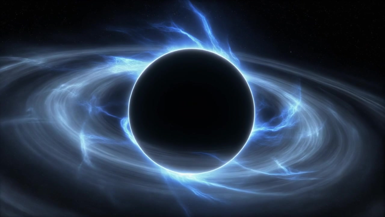 Animazione cinematografica di un buco nero rotante nello spazio profondo