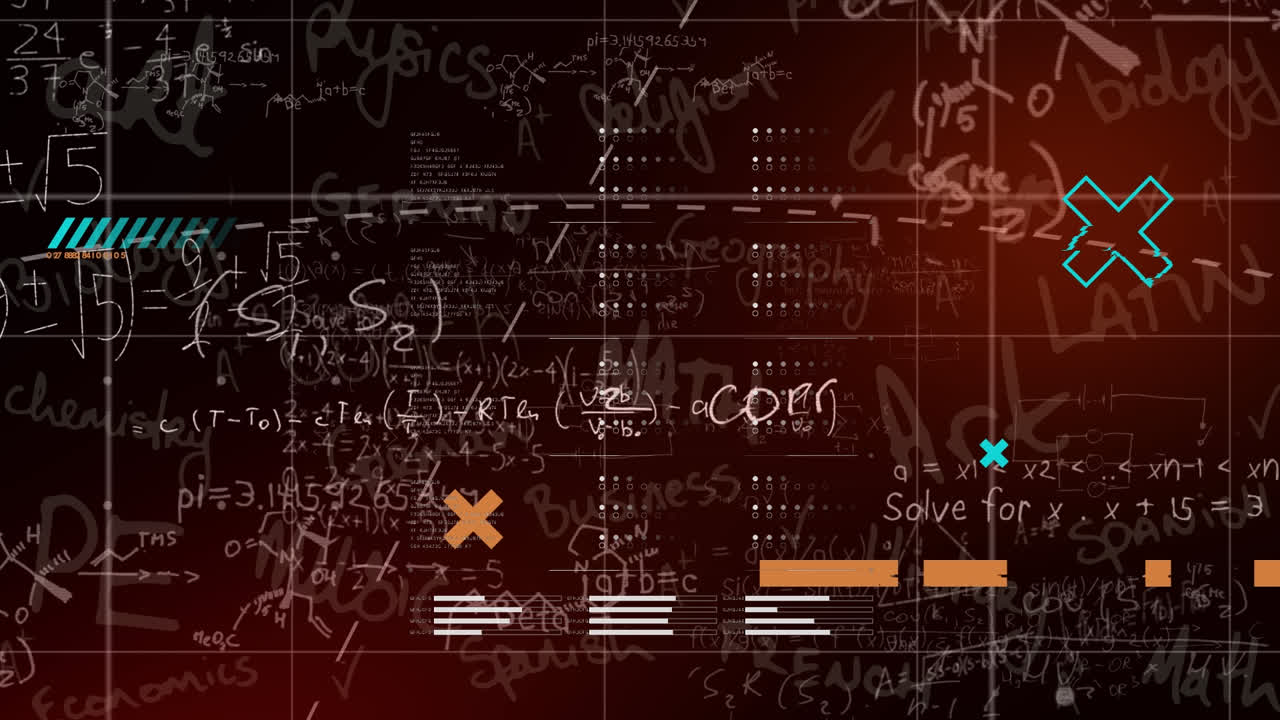 Animation of mathematical equations and data processing on black background
