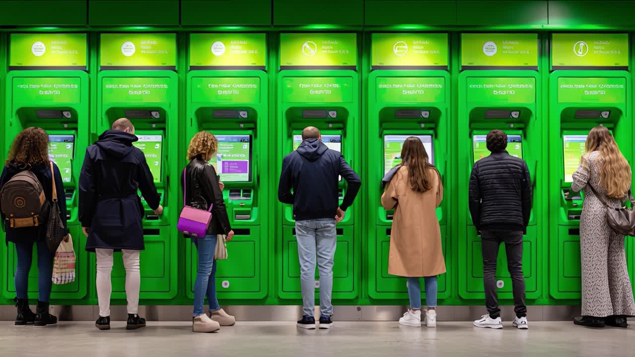 A Group of Individuals Interacting with Green ATMs in a Spacious Indoor Environment, Engaged in Financial Transactions and Waiting for Service in a Modern Setting