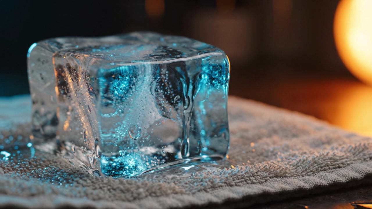 Uno sguardo ravvicinato a un cubetto di ghiaccio cristallino catturato con incredibile nitidezza, che mostra i dettagli intricati di acqua e bolle d'aria in un'atmosfera suggestiva