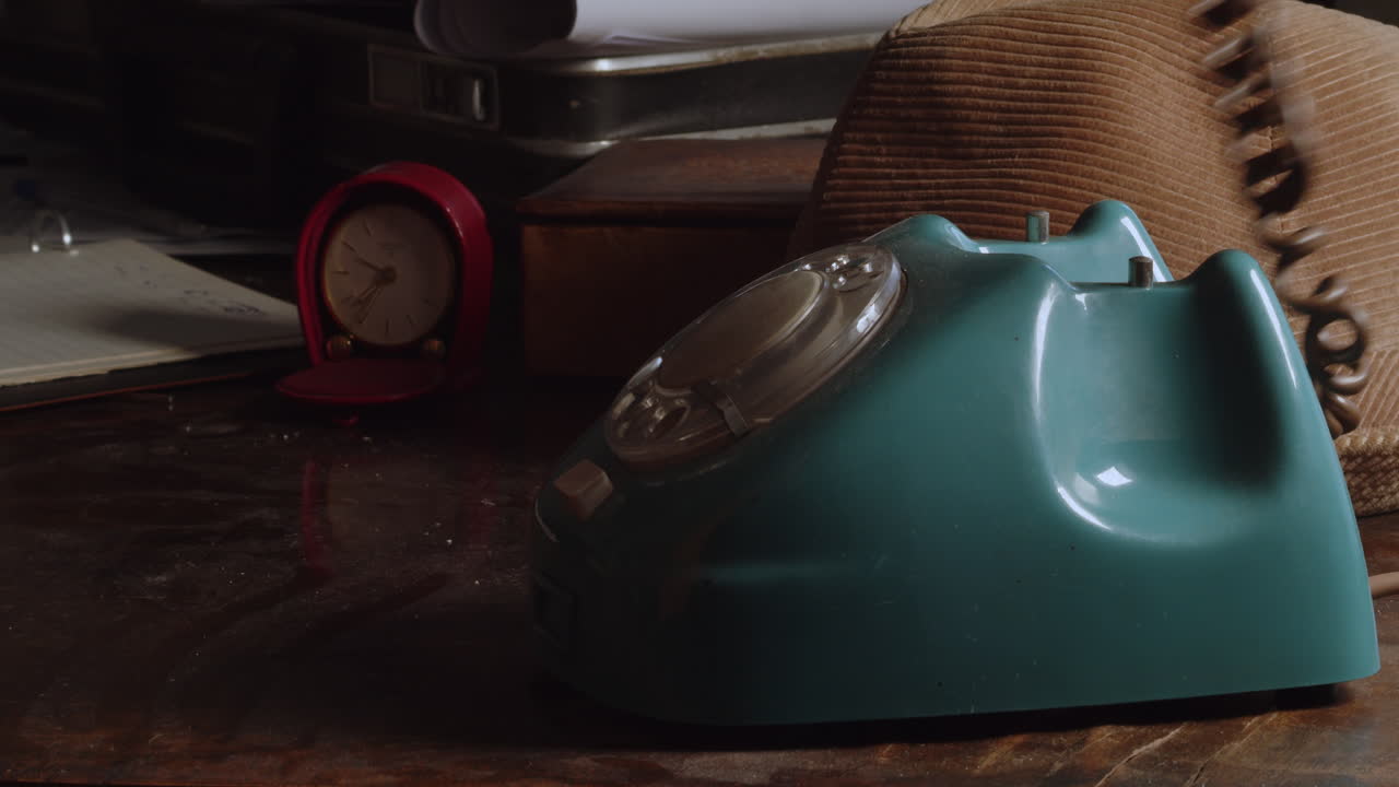 가죽 재 ⁇ 을 입은 신비로운 남자가 오래된 회전 전화기에서 전화번호를 다이얼합니다.