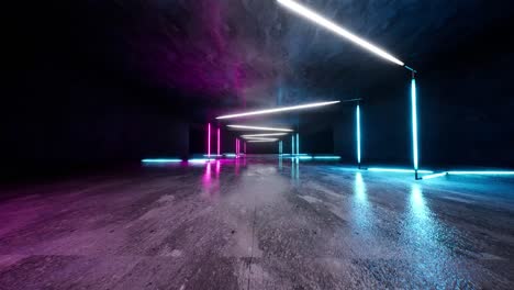 abstract architectural concrete and rusted metal interior of a minimalist house with colored neon lighting