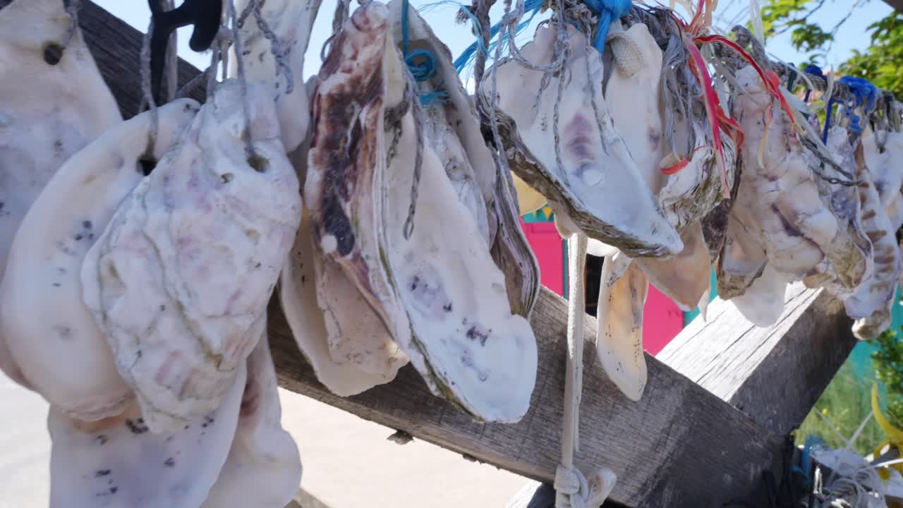 conchiglie di ostriche appese a un ponte, lasciate dai turisti con i loro nomi sopra. isola di oleron, francia.